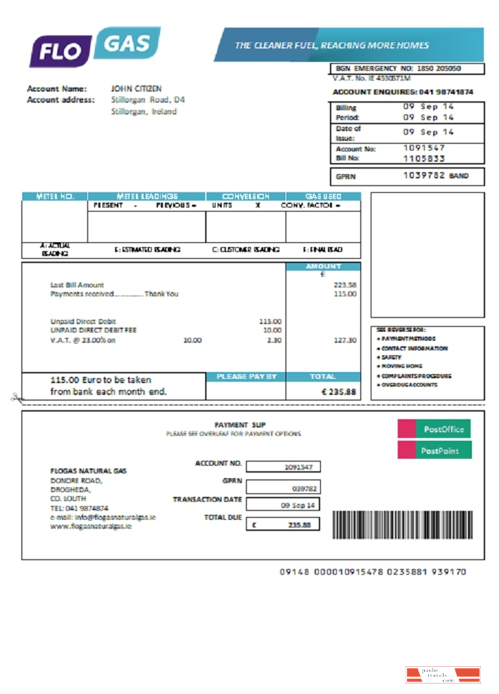 Ireland Flogas Natural Gas utility bill